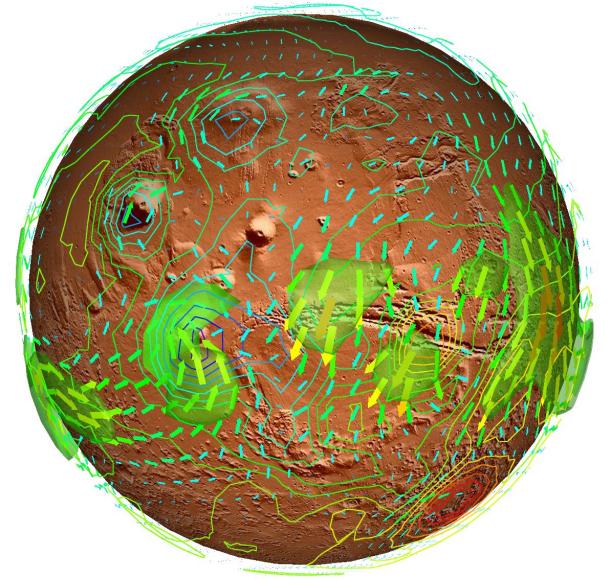 E. Kirk (Universität Hamburg) und M. Böttinger (DKRZ) - 3D-Visualisierung der atmosphärischen Zirkulation der Mars-Atmosphäre mit dem Planet Simulator. Die farbigen Linien zeigen die Oberflächentemperatur, die Pfeile das bodennahe Windfeld und die grün schattierten Bereiche Zonen hoher Windgeschwindigkeit in der oberen Atmosphäre.